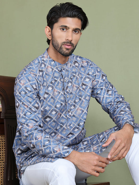 Embroidered and Printed Cotton Blend Kurta Pyjama ( JOKP 5141Blue )
