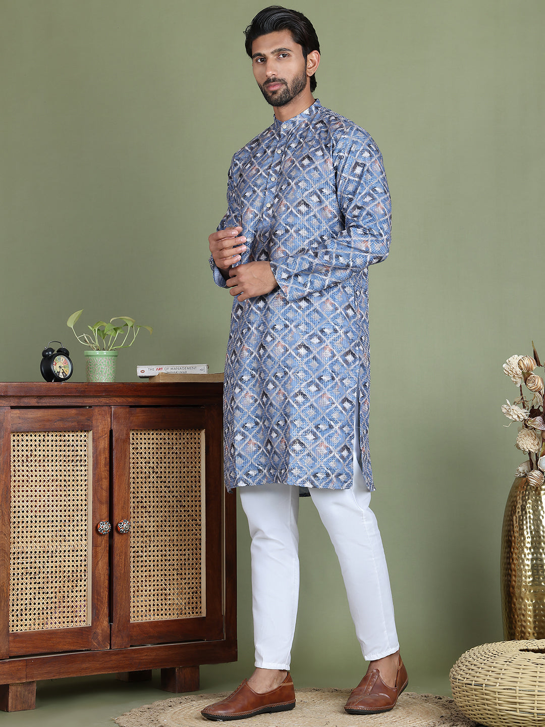 Embroidered and Printed Cotton Blend Kurta Pyjama ( JOKP 5141Blue )