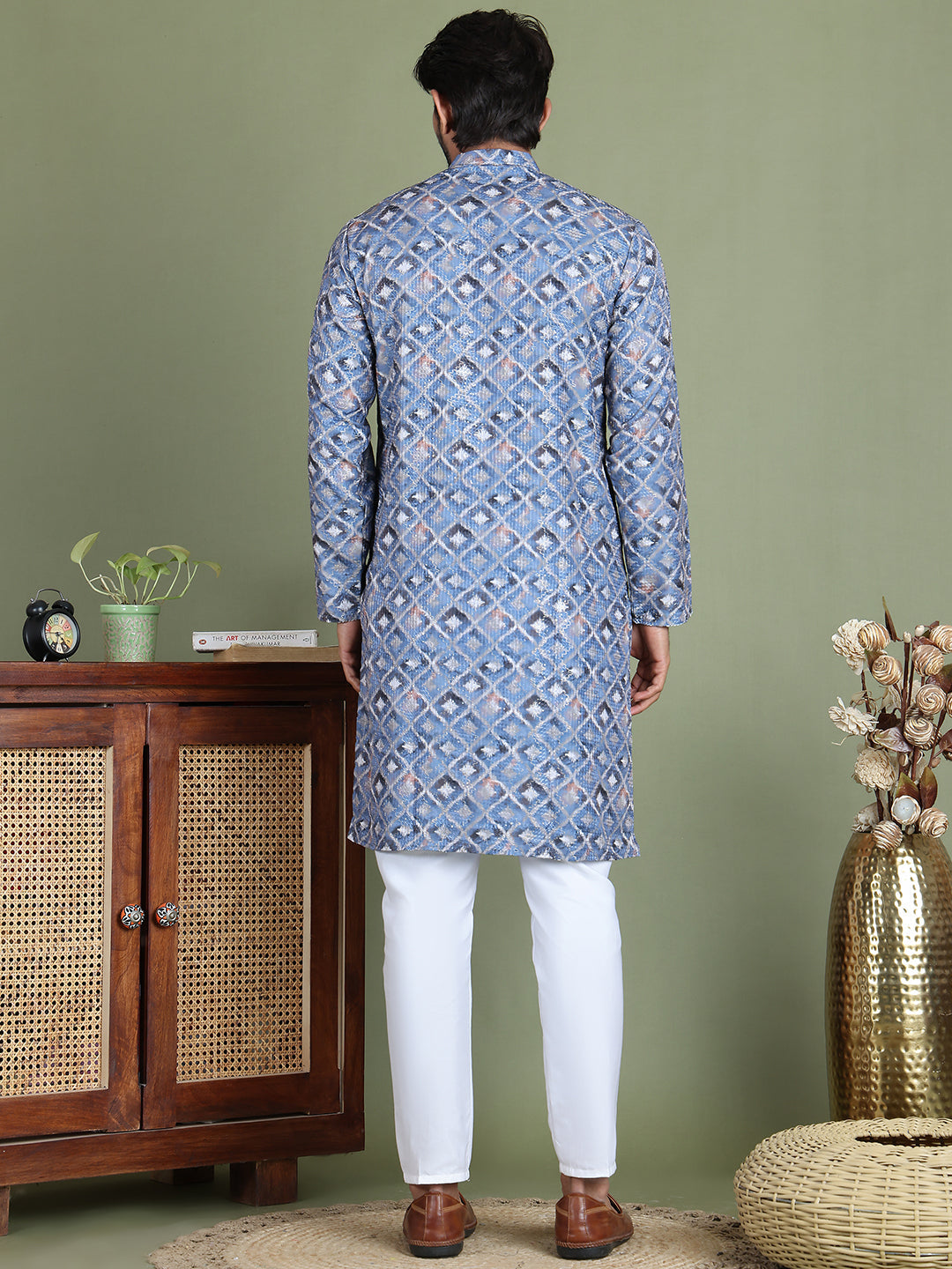 Embroidered and Printed Cotton Blend Kurta Pyjama ( JOKP 5141Blue )