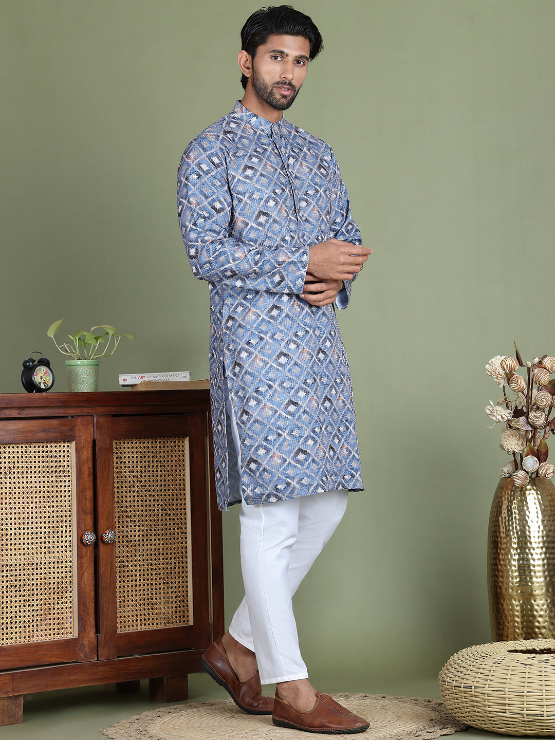 Embroidered and Printed Cotton Blend Kurta Pyjama ( JOKP 5141Blue )
