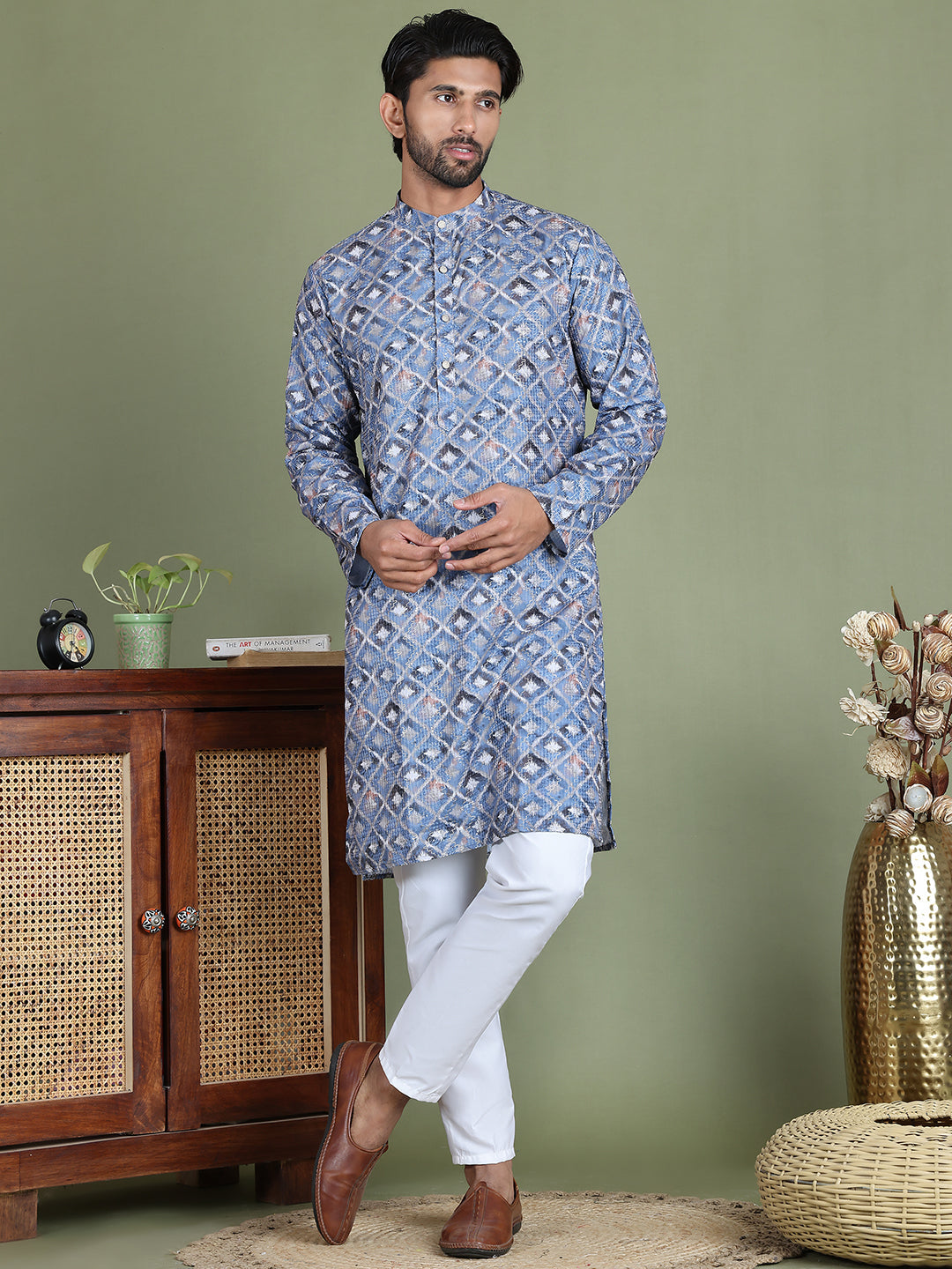 Embroidered and Printed Cotton Blend Kurta Pyjama ( JOKP 5141Blue )