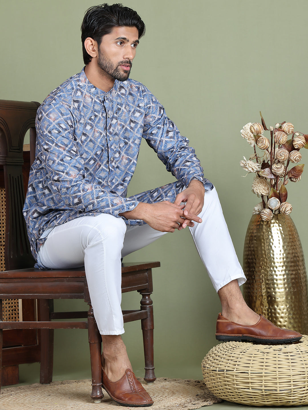 Embroidered and Printed Cotton Blend Kurta Pyjama ( JOKP 5141Blue )