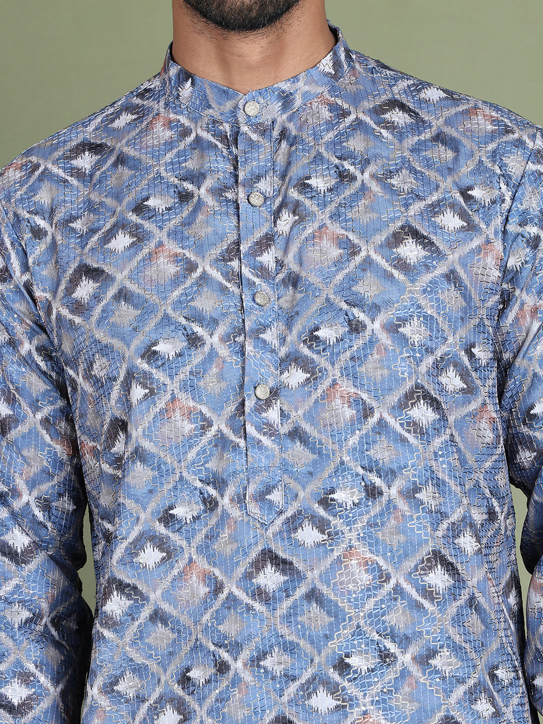 Embroidered and Printed Cotton Blend Kurta Pyjama ( JOKP 5141Blue )