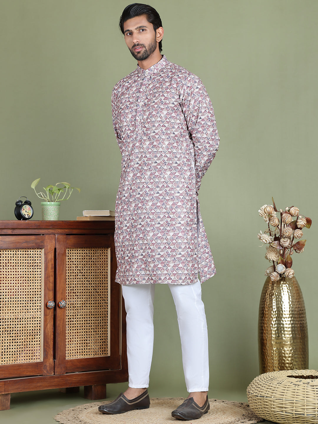 Embroidered and Printed Cotton Blend Kurta Pyjama ( JOKP 5141Brown )