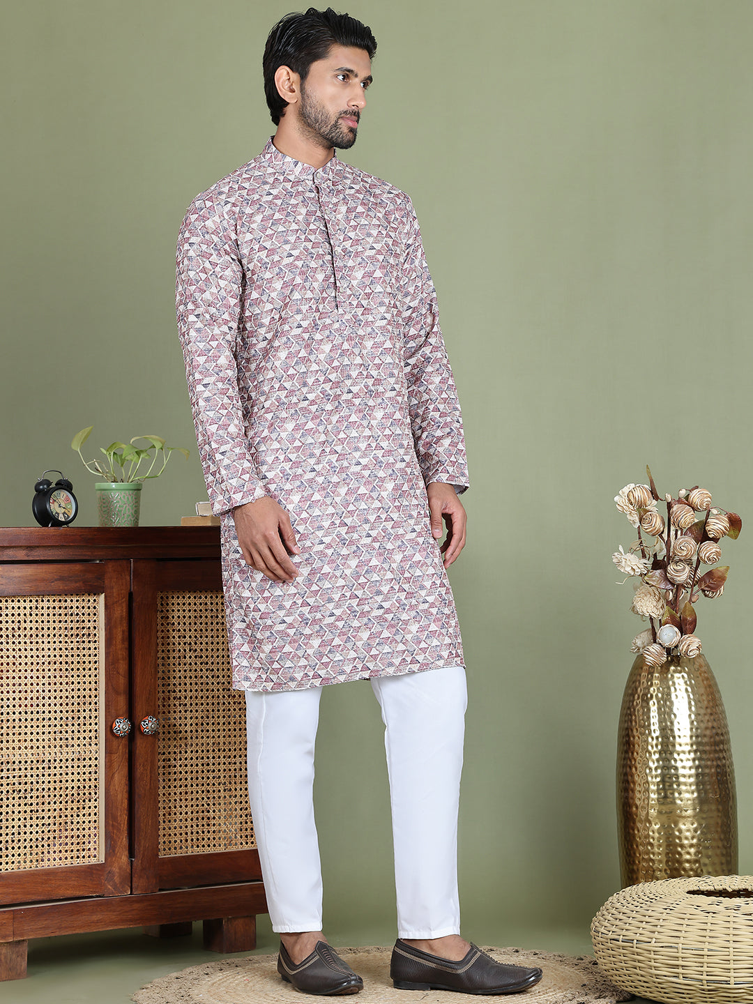 Embroidered and Printed Cotton Blend Kurta Pyjama ( JOKP 5141Brown )
