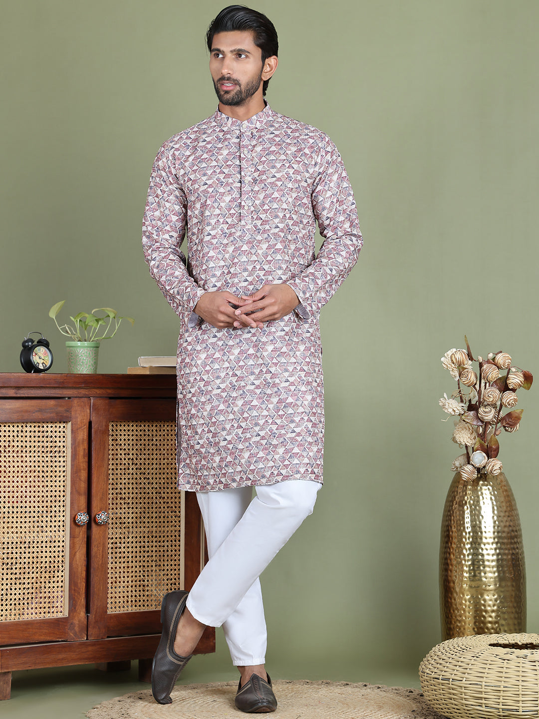 Embroidered and Printed Cotton Blend Kurta Pyjama ( JOKP 5141Brown )