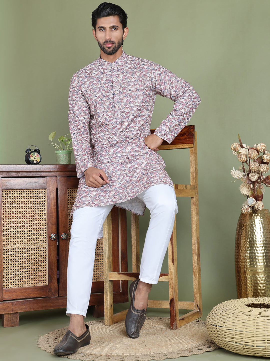 Embroidered and Printed Cotton Blend Kurta Pyjama ( JOKP 5141Brown )