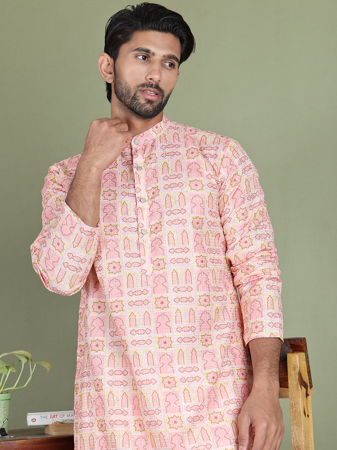 Embroidered and Printed Cotton Blend Kurta Pyjama ( JOKP 5141Peach )