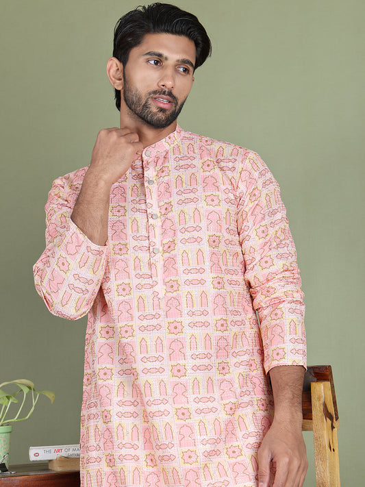 Embroidered and Printed Cotton Blend Kurta Pyjama ( JOKP 5141Peach )