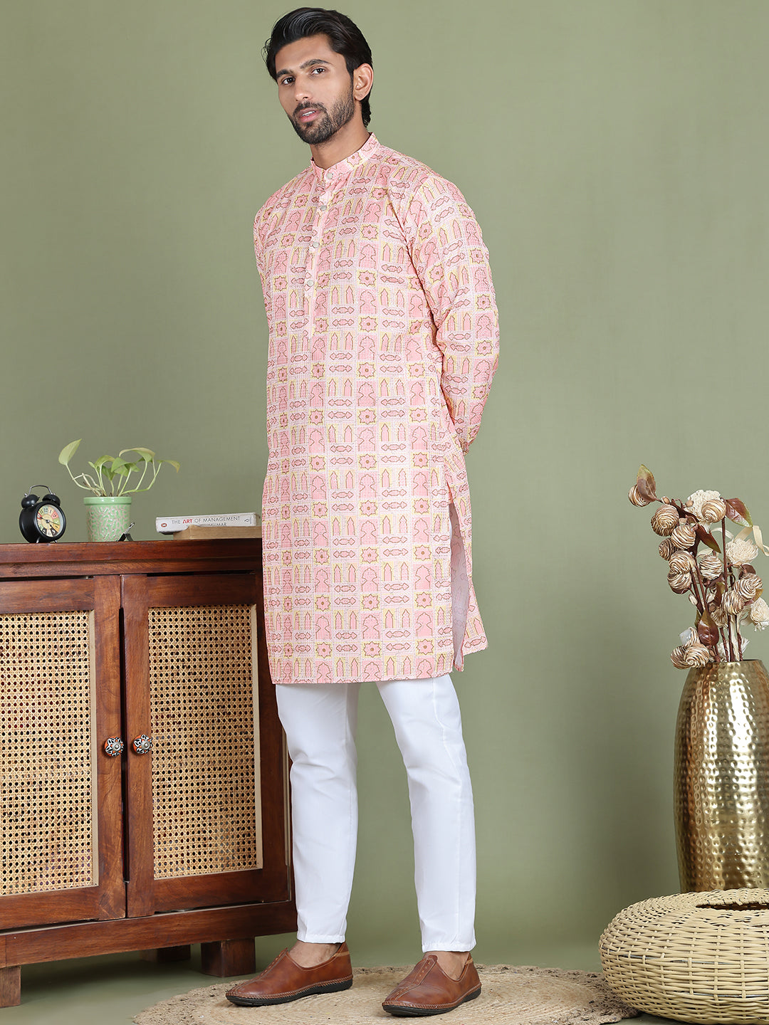 Embroidered and Printed Cotton Blend Kurta Pyjama ( JOKP 5141Peach )