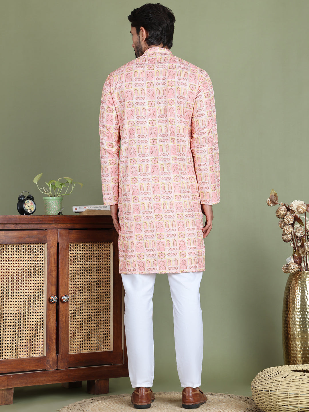 Embroidered and Printed Cotton Blend Kurta Pyjama ( JOKP 5141Peach )
