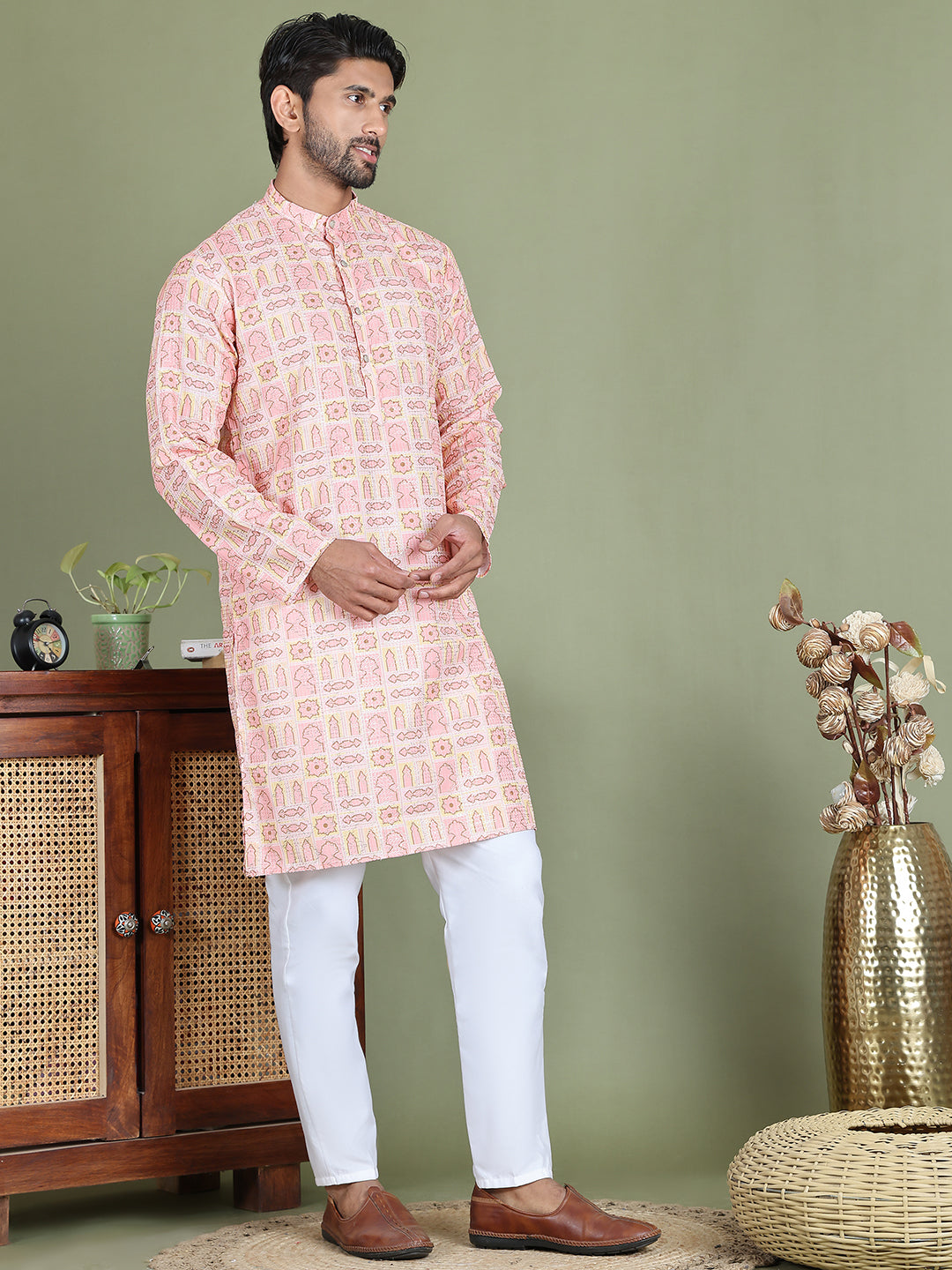 Embroidered and Printed Cotton Blend Kurta Pyjama ( JOKP 5141Peach )
