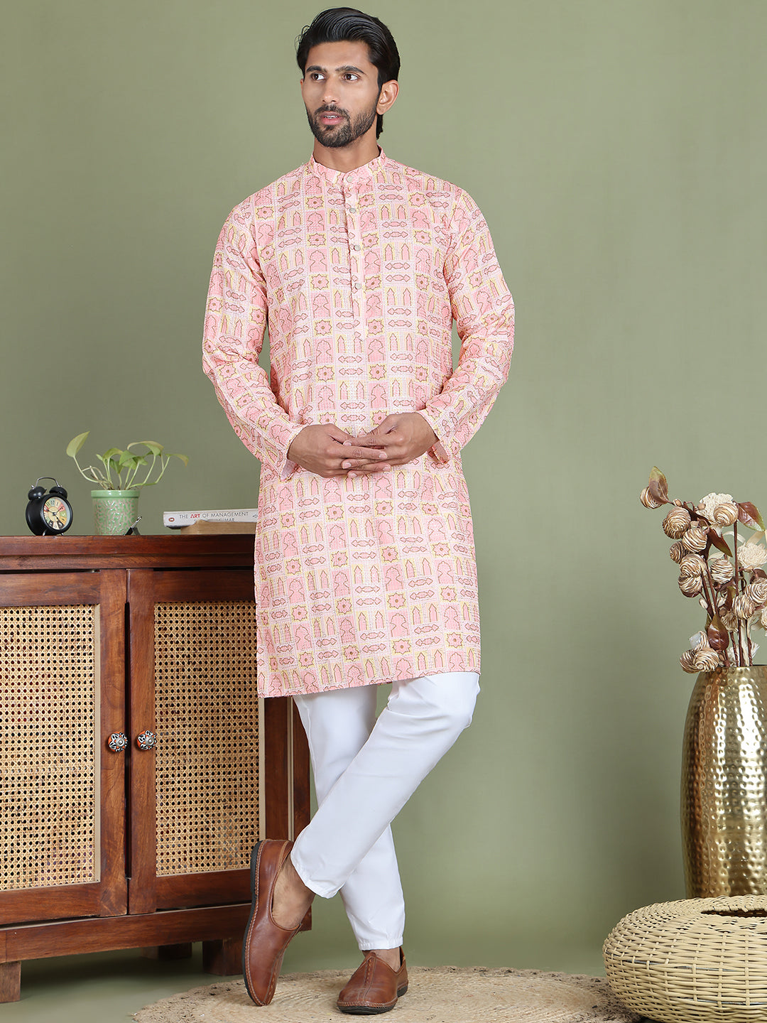 Embroidered and Printed Cotton Blend Kurta Pyjama ( JOKP 5141Peach )