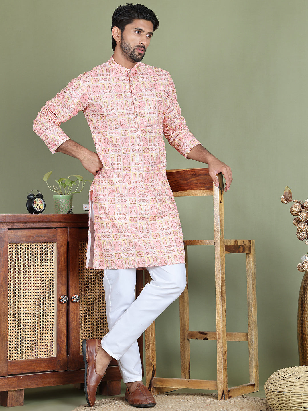 Embroidered and Printed Cotton Blend Kurta Pyjama ( JOKP 5141Peach )