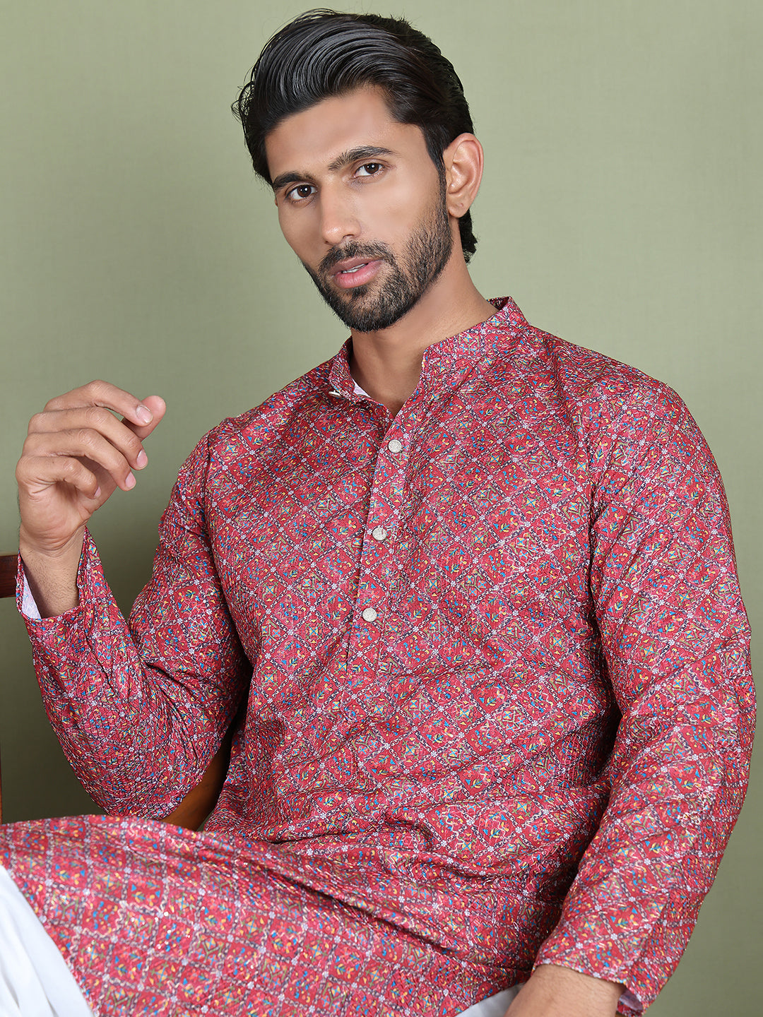 Embroidered and Printed Cotton Blend Kurta Pyjama ( JOKP 5142Maroon )