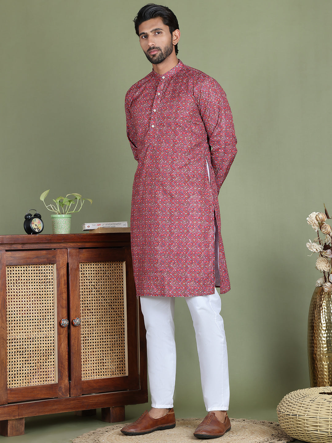 Embroidered and Printed Cotton Blend Kurta Pyjama ( JOKP 5142Maroon )