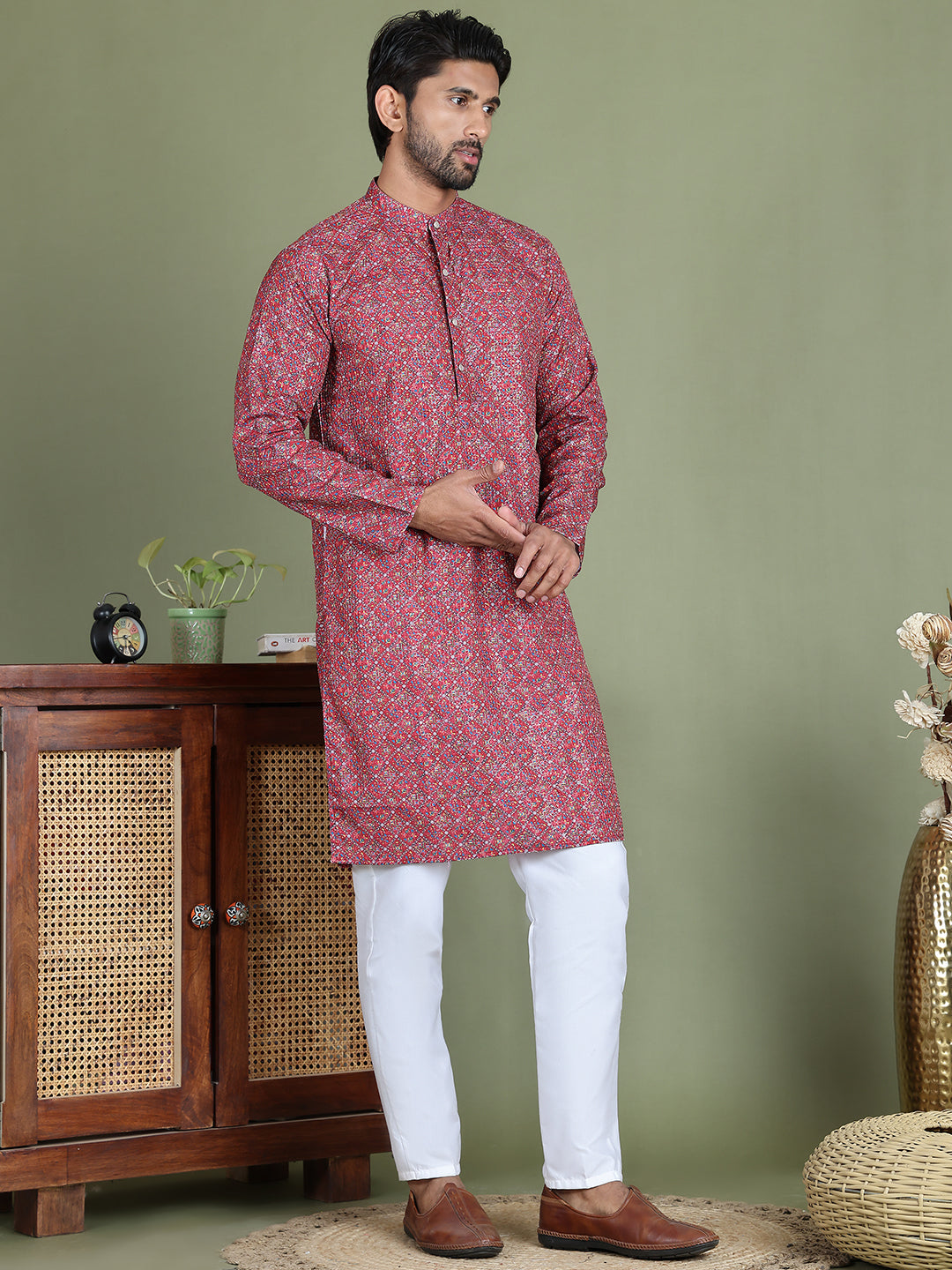 Embroidered and Printed Cotton Blend Kurta Pyjama ( JOKP 5142Maroon )