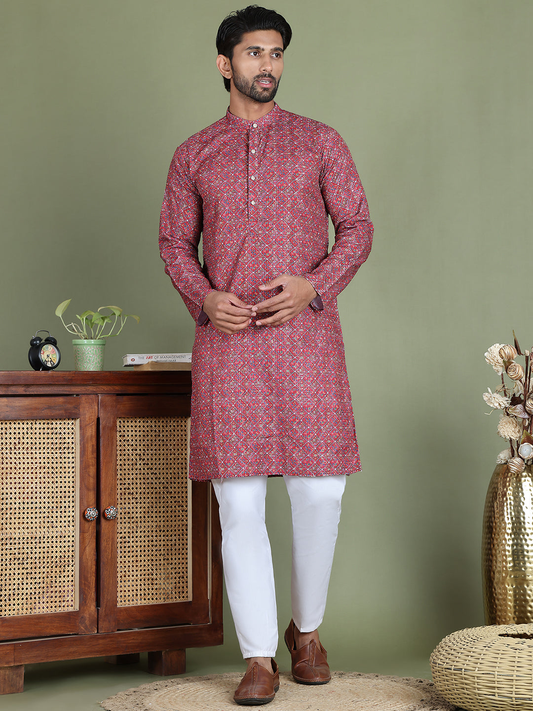 Embroidered and Printed Cotton Blend Kurta Pyjama ( JOKP 5142Maroon )