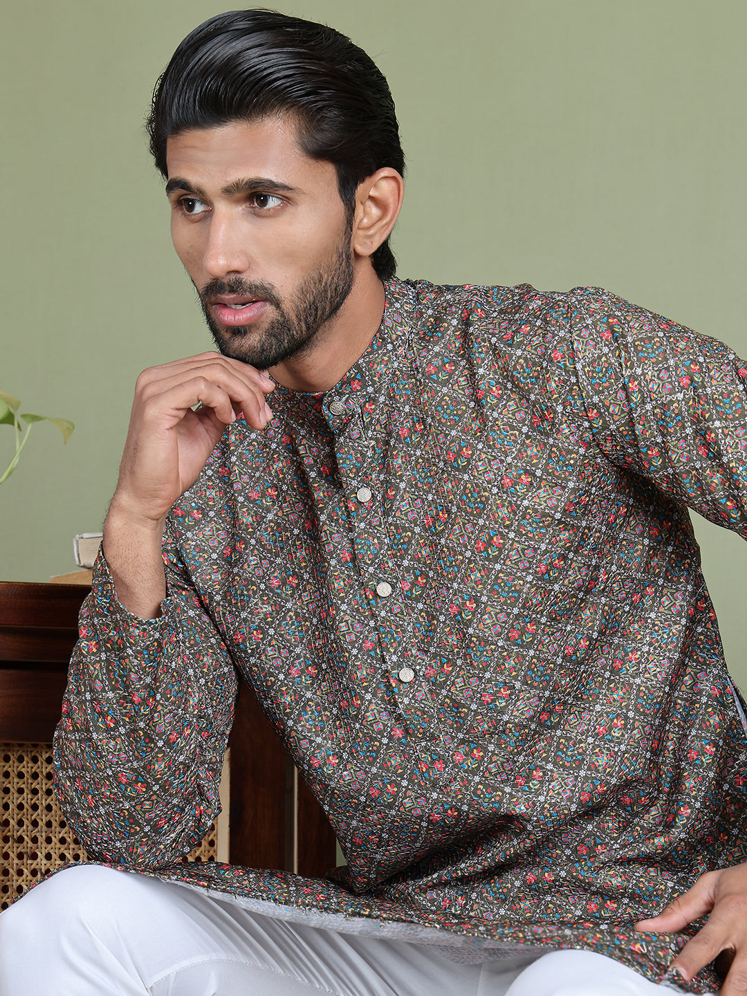 Embroidered and Printed Cotton Blend Kurta Pyjama ( JOKP 5142Olive )