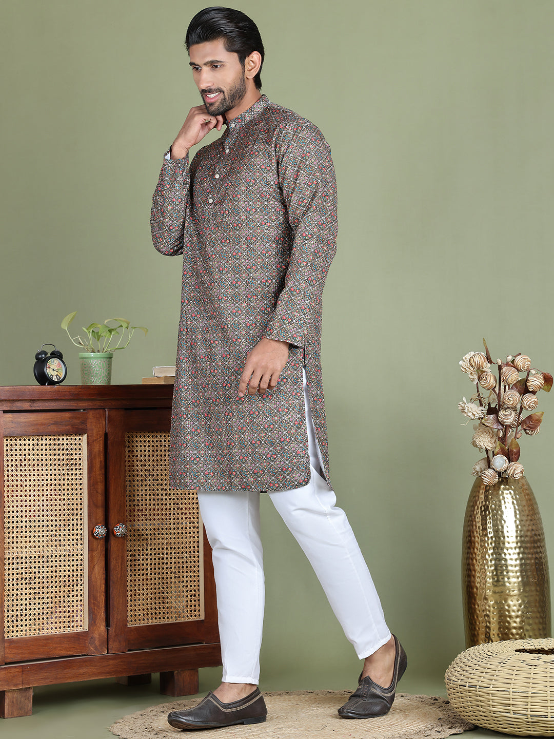 Embroidered and Printed Cotton Blend Kurta Pyjama ( JOKP 5142Olive )