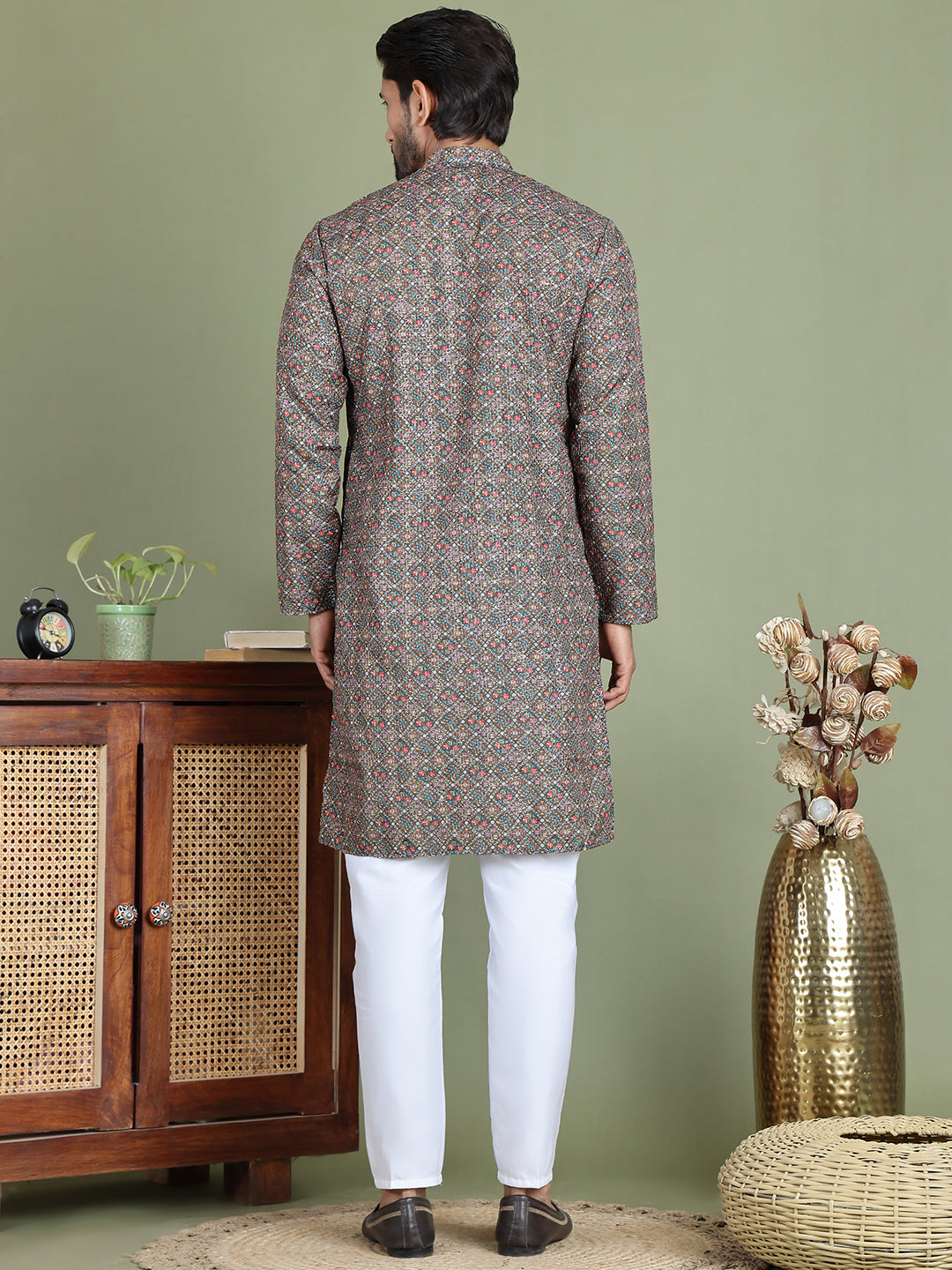 Embroidered and Printed Cotton Blend Kurta Pyjama ( JOKP 5142Olive )