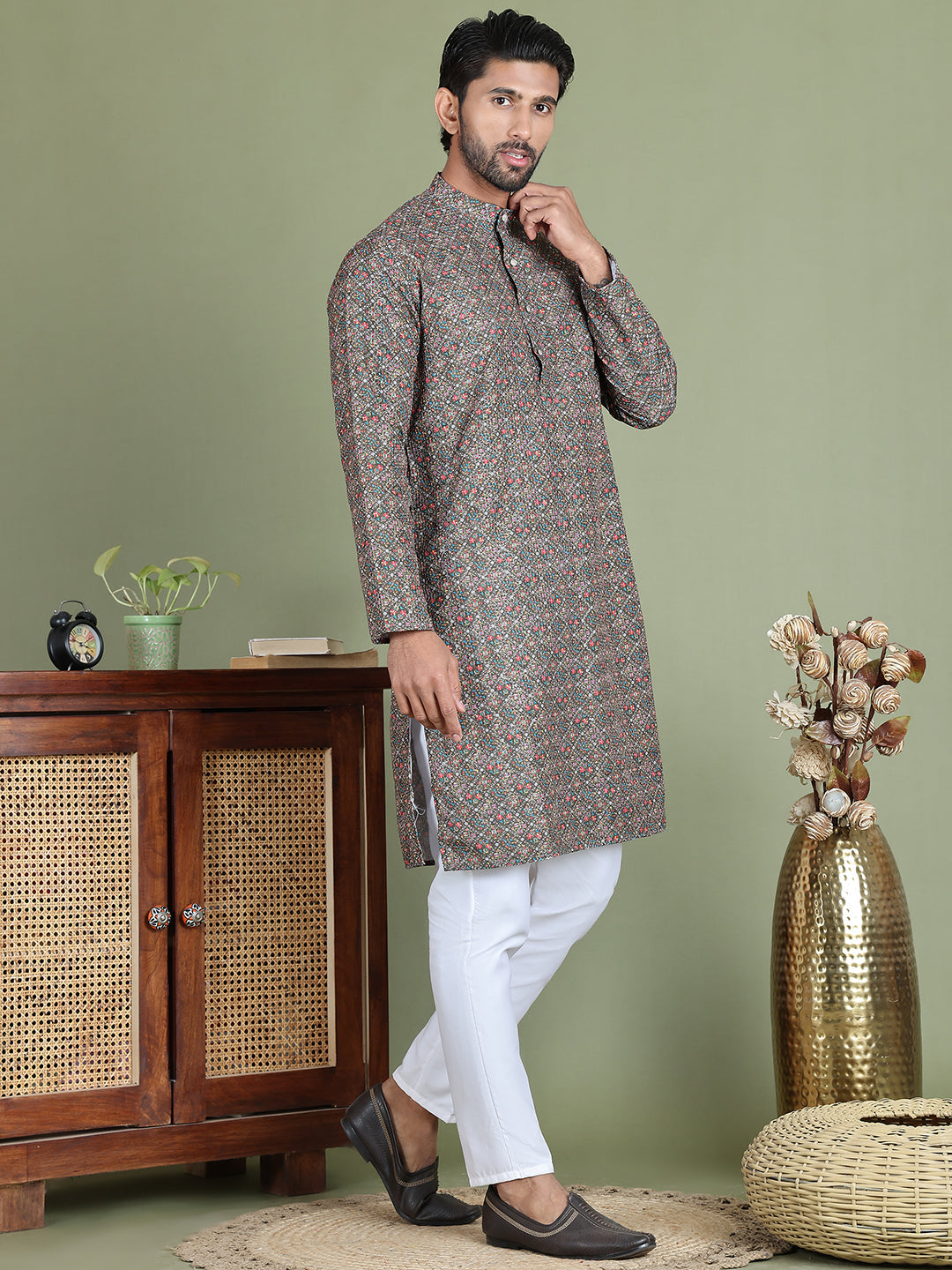 Embroidered and Printed Cotton Blend Kurta Pyjama ( JOKP 5142Olive )