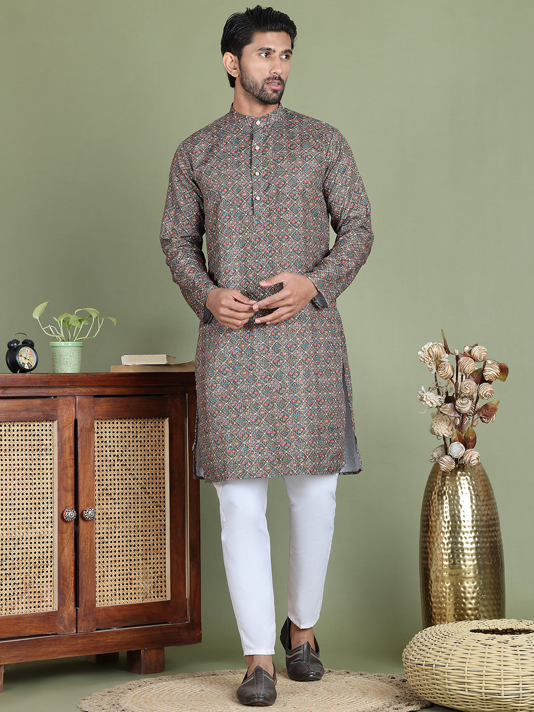 Embroidered and Printed Cotton Blend Kurta Pyjama ( JOKP 5142Olive )