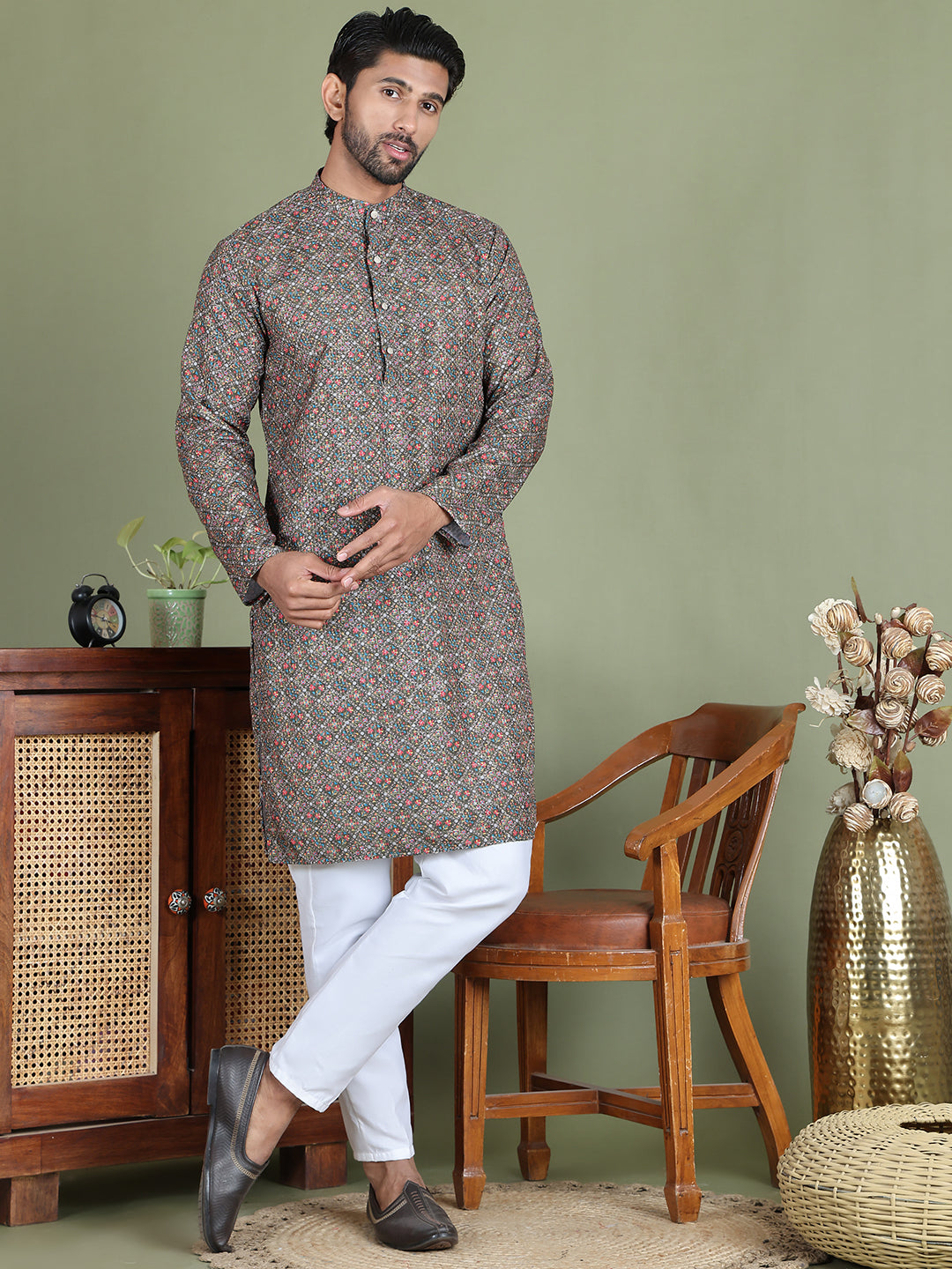 Embroidered and Printed Cotton Blend Kurta Pyjama ( JOKP 5142Olive )