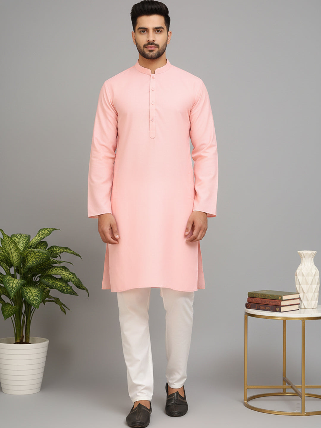 Solid Cotton Kurta Set for Men (JOKP 5144 Pink )