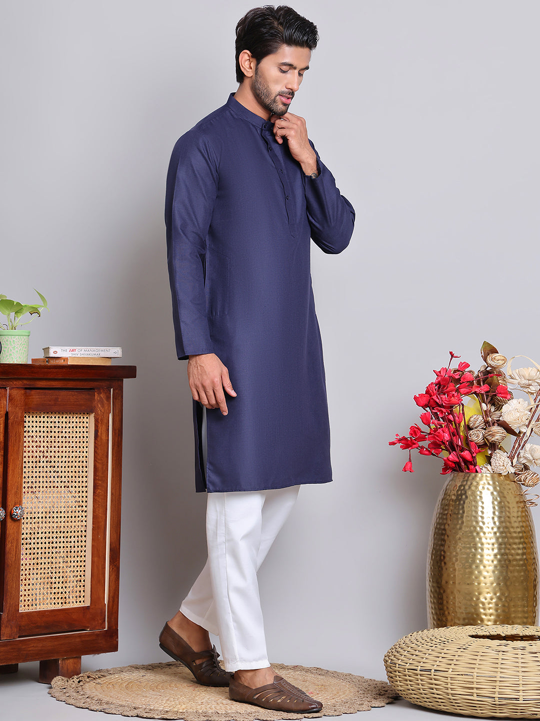 Solid Cotton Kurta Set for Men ( JOKP 5144Navy )