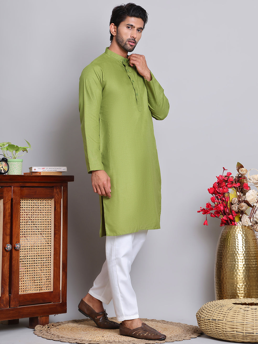 Solid Cotton Kurta Set for Men ( JOKP 5144Olive )