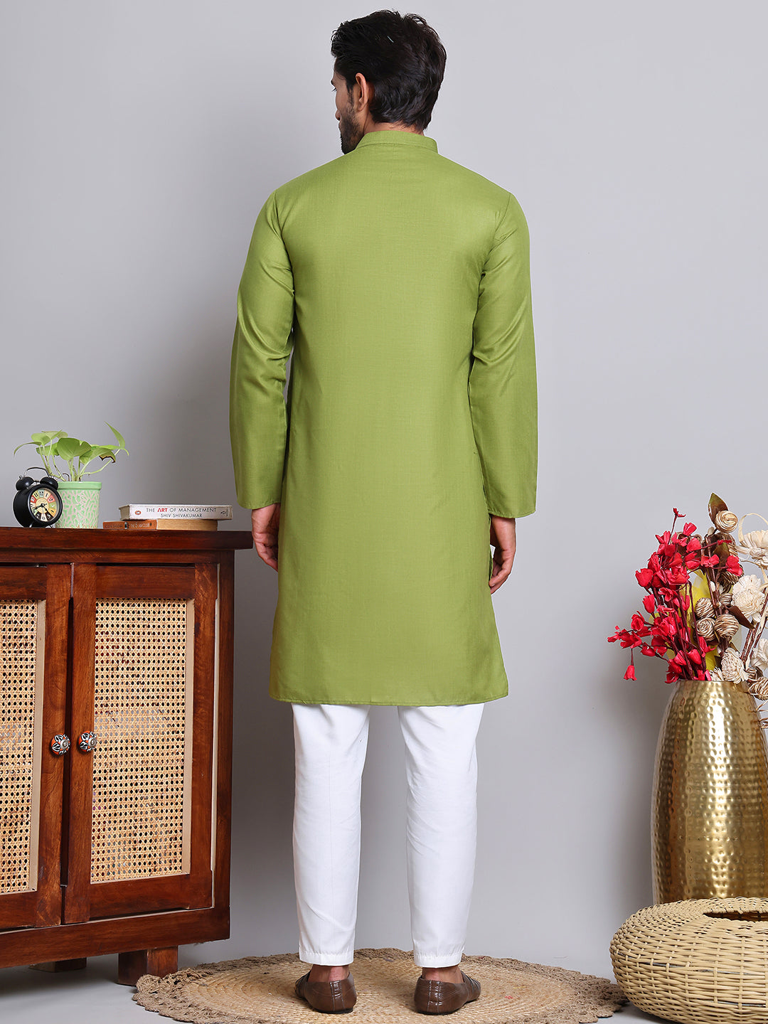 Solid Cotton Kurta Set for Men ( JOKP 5144Olive )