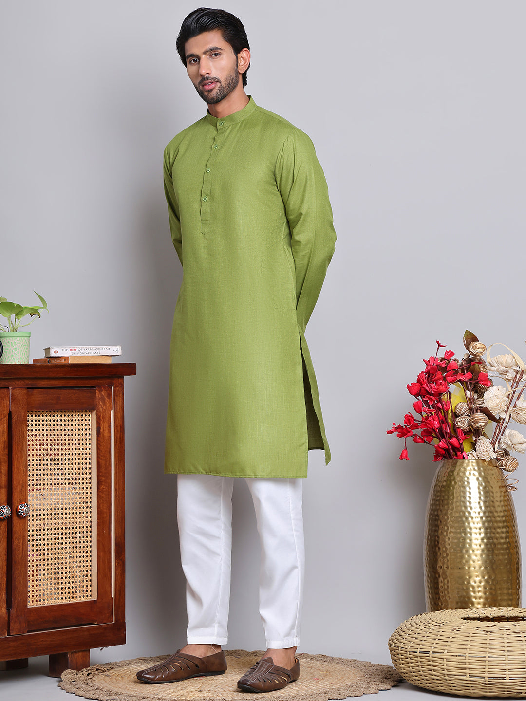 Solid Cotton Kurta Set for Men ( JOKP 5144Olive )