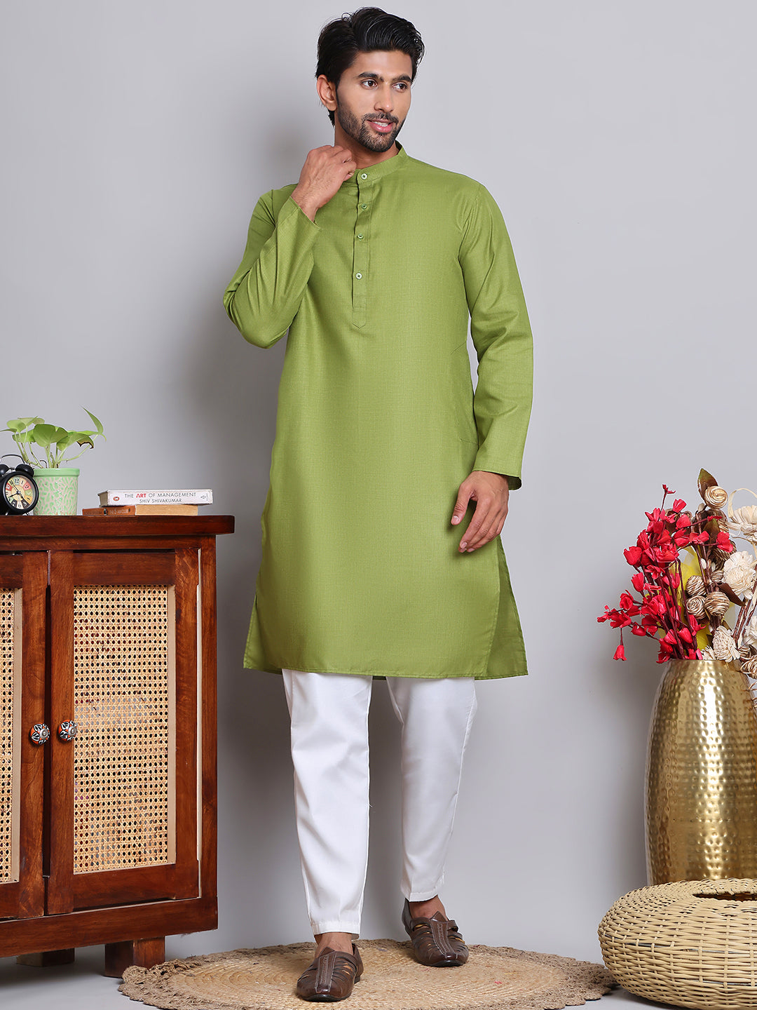 Solid Cotton Kurta Set for Men ( JOKP 5144Olive )