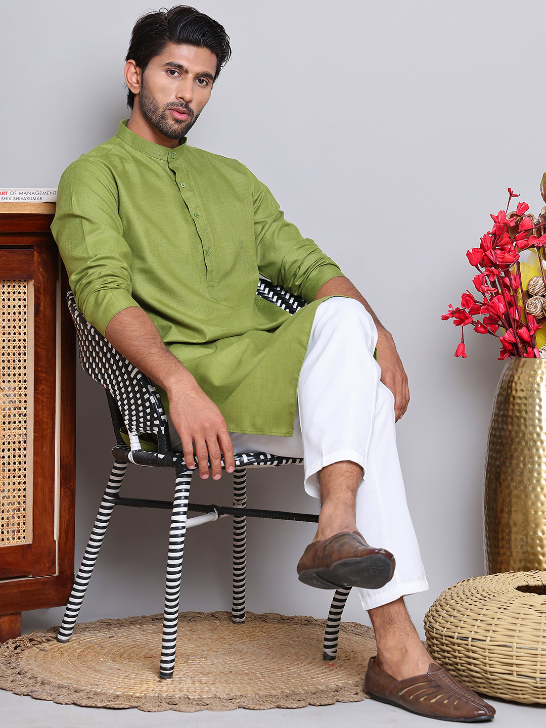 Solid Cotton Kurta Set for Men ( JOKP 5144Olive )