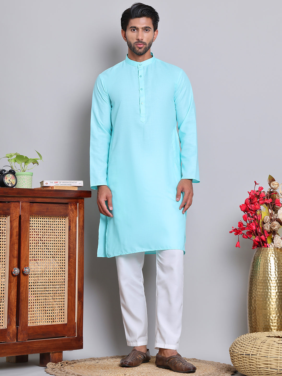 Solid Cotton Kurta Set for Men ( JOKP 5144Sky )