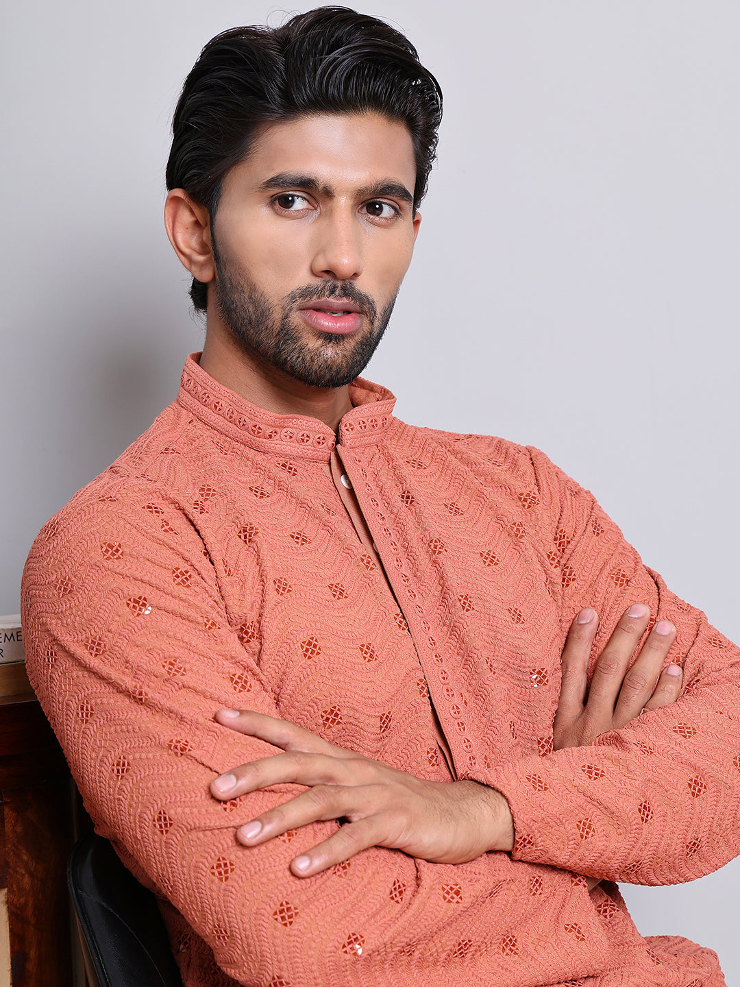 Men's Embroidered and Sequence Kurta Pyjama Sets ( JOKP 5145Peach )