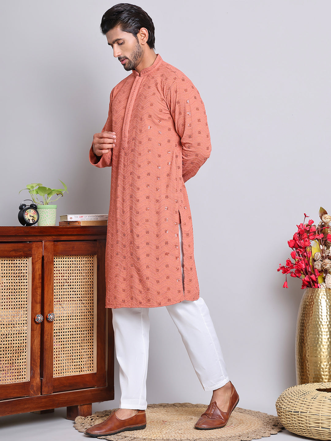 Men's Embroidered and Sequence Kurta Pyjama Sets ( JOKP 5145Peach )