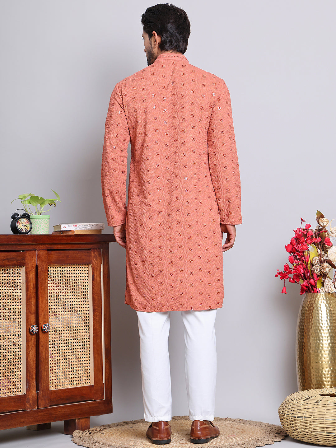 Men's Embroidered and Sequence Kurta Pyjama Sets ( JOKP 5145Peach )