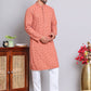 Men's Embroidered and Sequence Kurta Pyjama Sets ( JOKP 5145Peach )