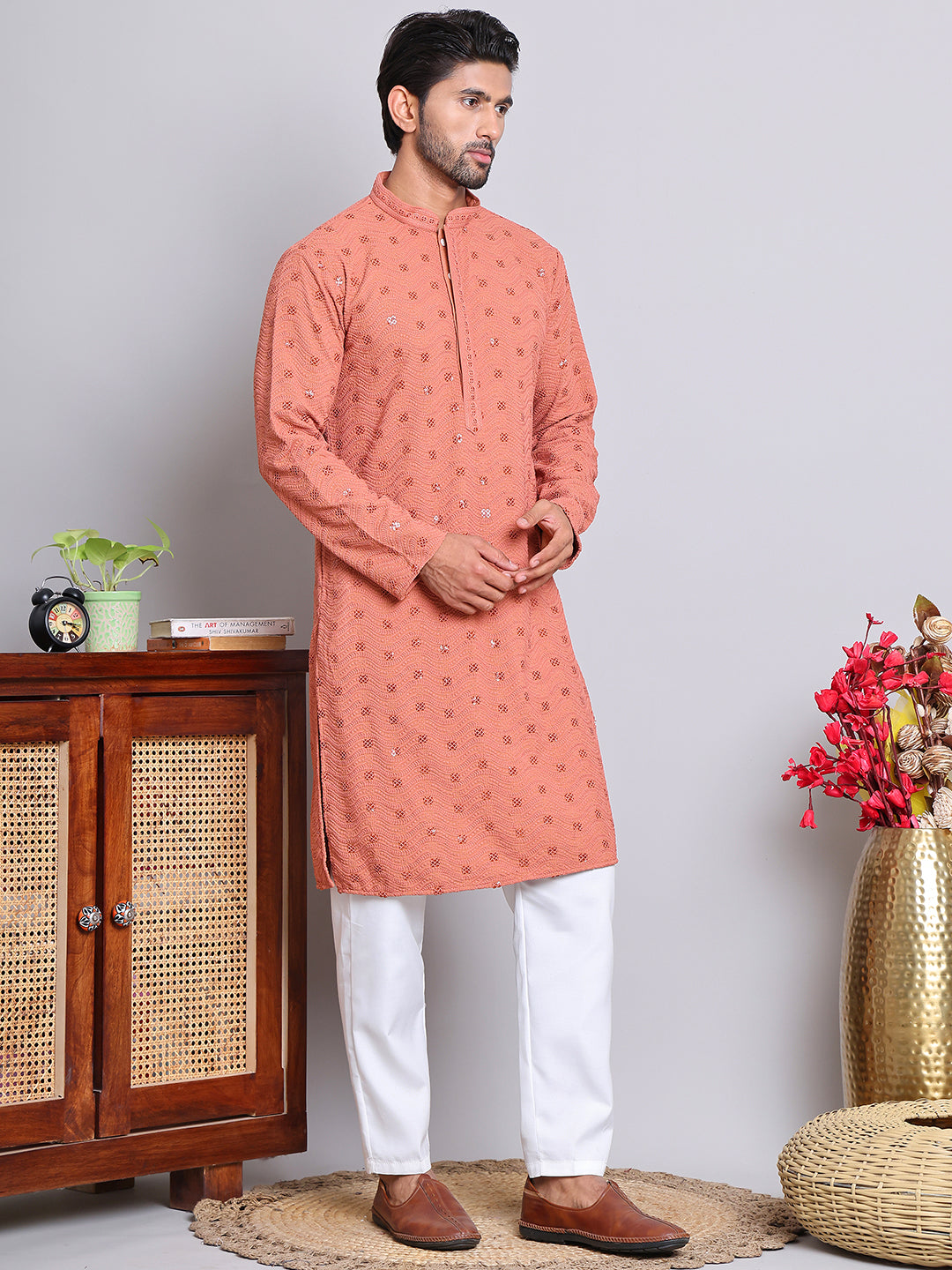Men's Embroidered and Sequence Kurta Pyjama Sets ( JOKP 5145Peach )