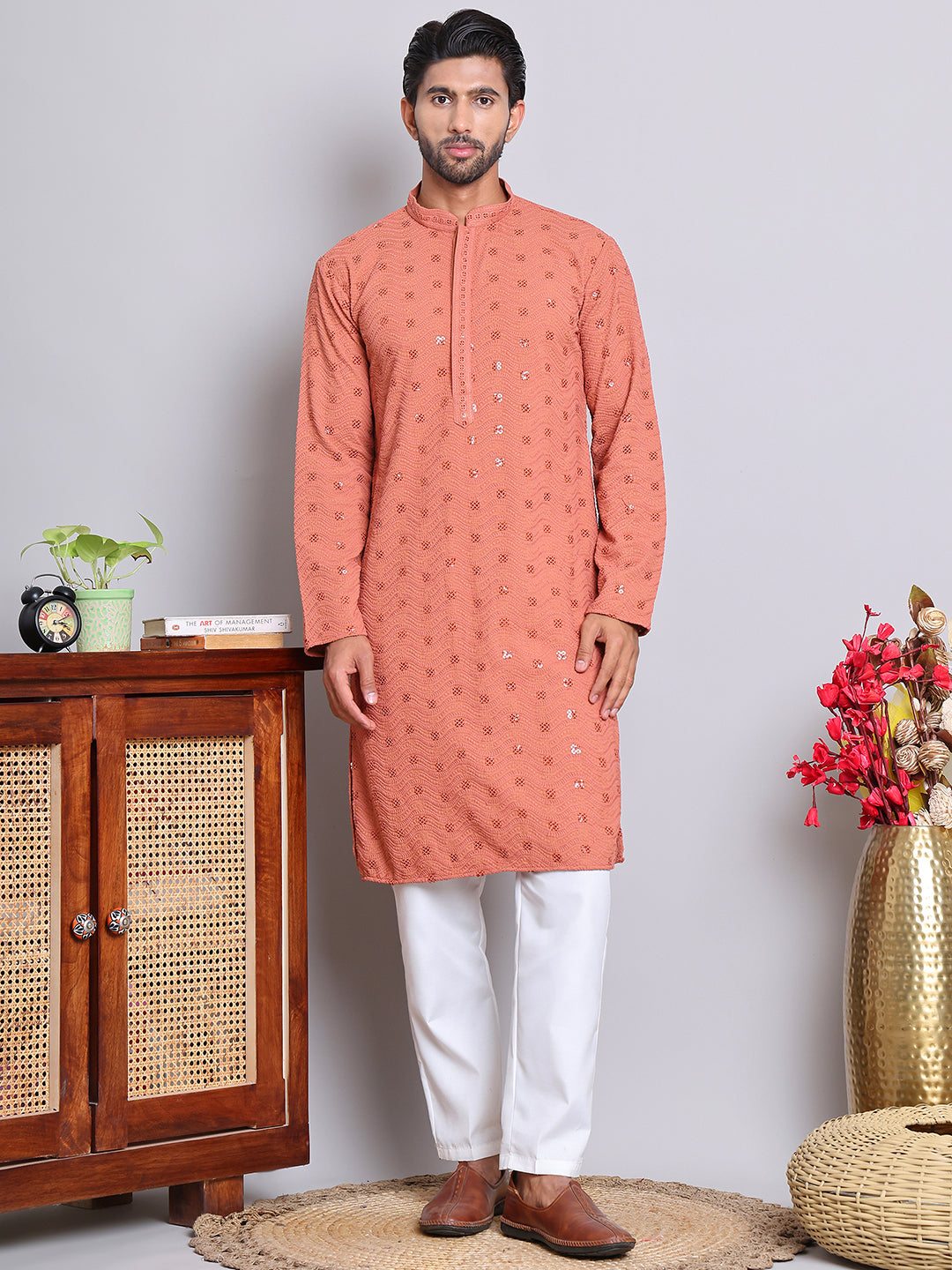 Men's Embroidered and Sequence Kurta Pyjama Sets ( JOKP 5145Peach )