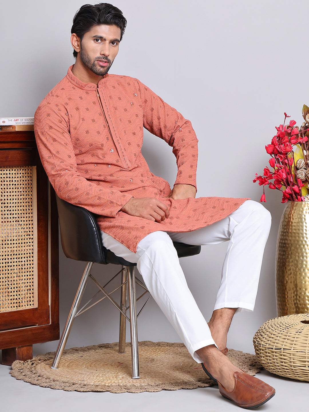 Men's Embroidered and Sequence Kurta Pyjama Sets ( JOKP 5145Peach )