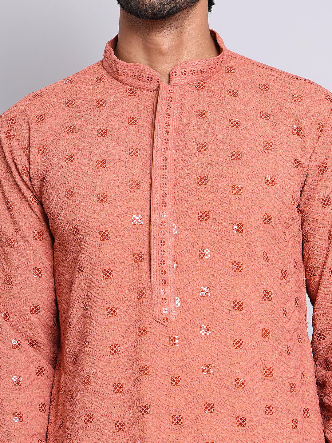 Men's Embroidered and Sequence Kurta Pyjama Sets ( JOKP 5145Peach )