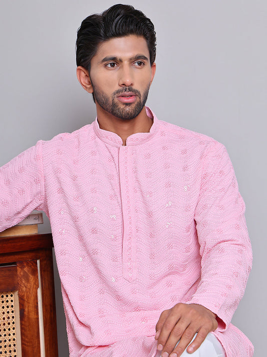 Men's Embroidered and Sequence Kurta Pyjama Sets ( JOKP 5145Pink )