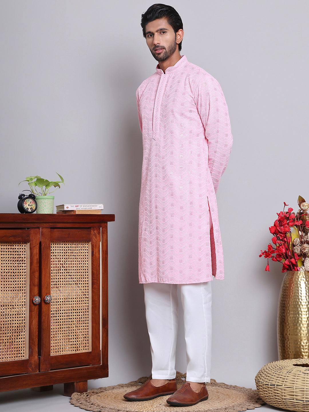 Men's Embroidered and Sequence Kurta Pyjama Sets ( JOKP 5145Pink )