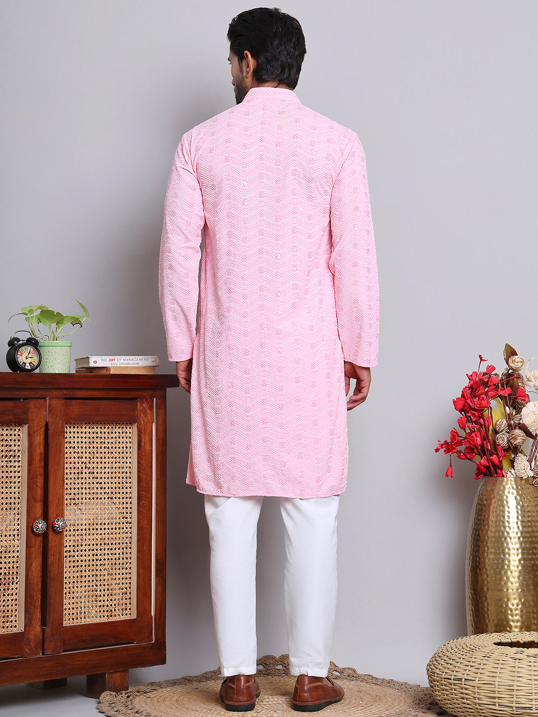 Men's Embroidered and Sequence Kurta Pyjama Sets ( JOKP 5145Pink )