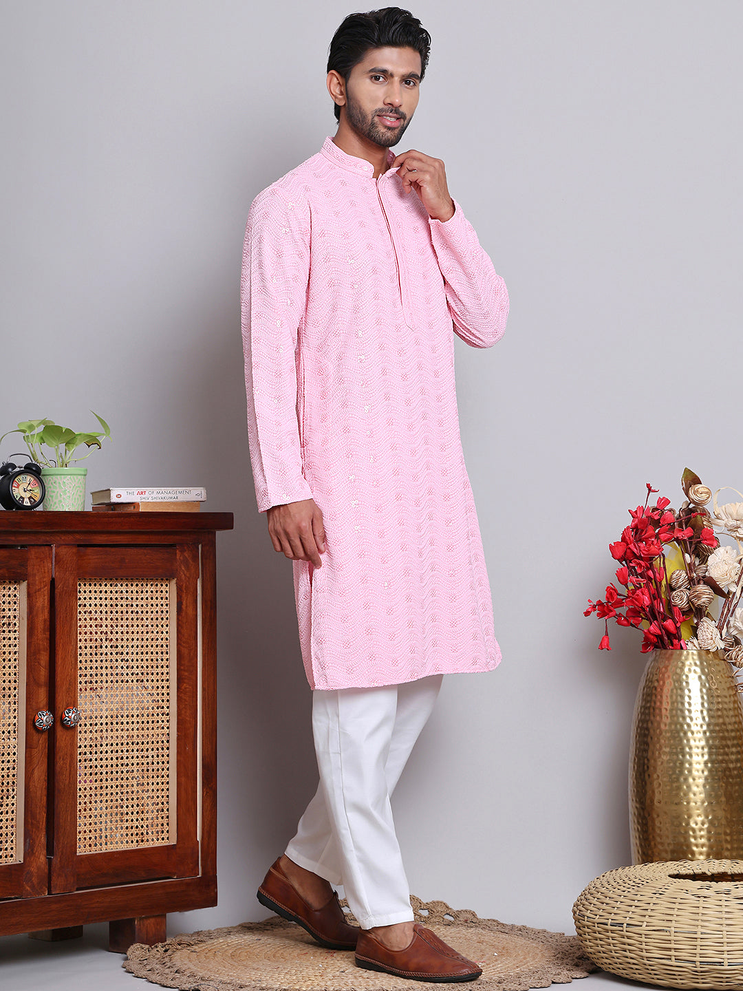 Men's Embroidered and Sequence Kurta Pyjama Sets ( JOKP 5145Pink )