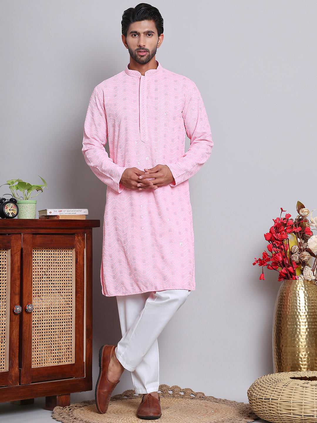 Men's Embroidered and Sequence Kurta Pyjama Sets ( JOKP 5145Pink )