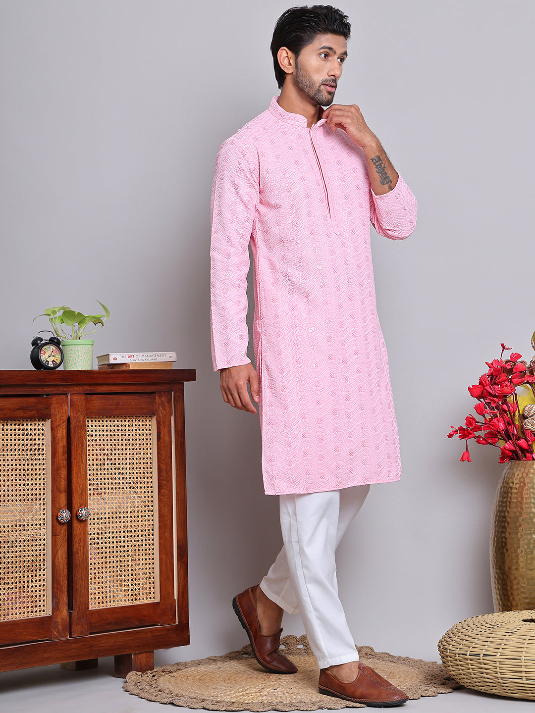 Men's Embroidered and Sequence Kurta Pyjama Sets ( JOKP 5145Pink )